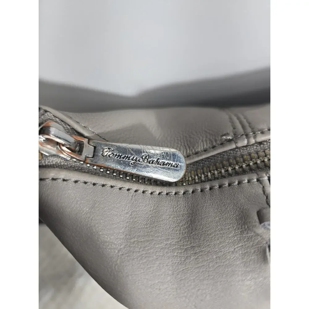 Tommy Bahama Gray Leather Hobo‎ Shoulder Bag Whipstitch Zip Purse